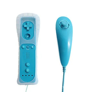 Wii left and right wireless gamepad controllers with rubber sleeve on the right-hand unit, in selected colour.