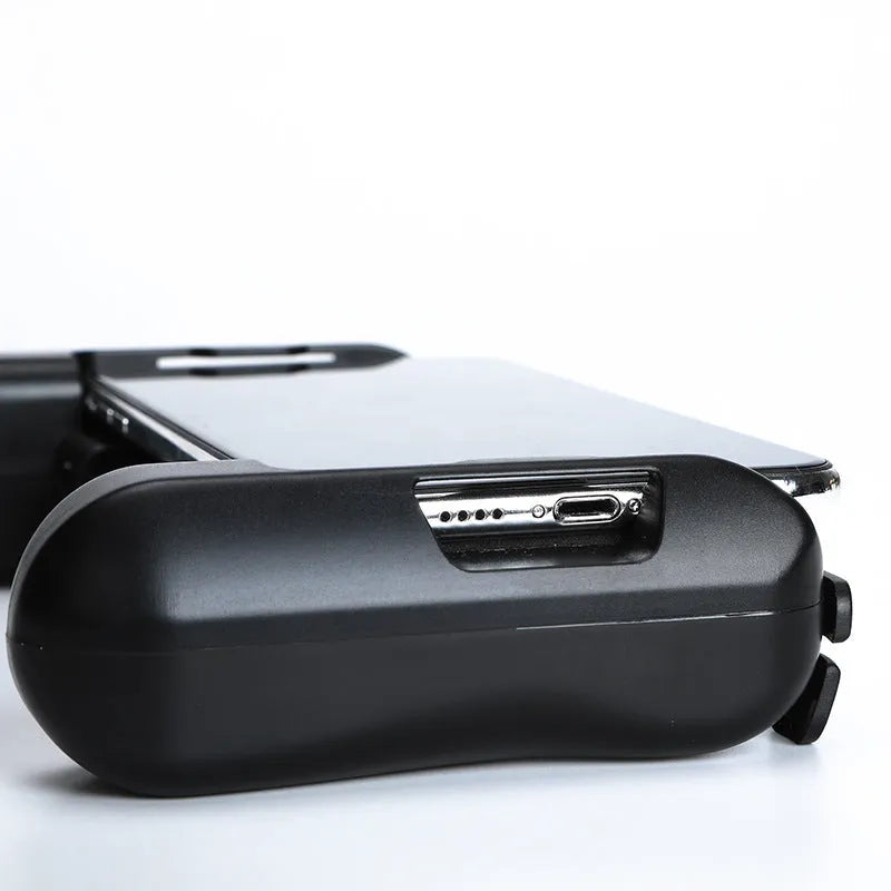 Black P2 Bluetooth mobile game controller for iPhone with integrated power bank.