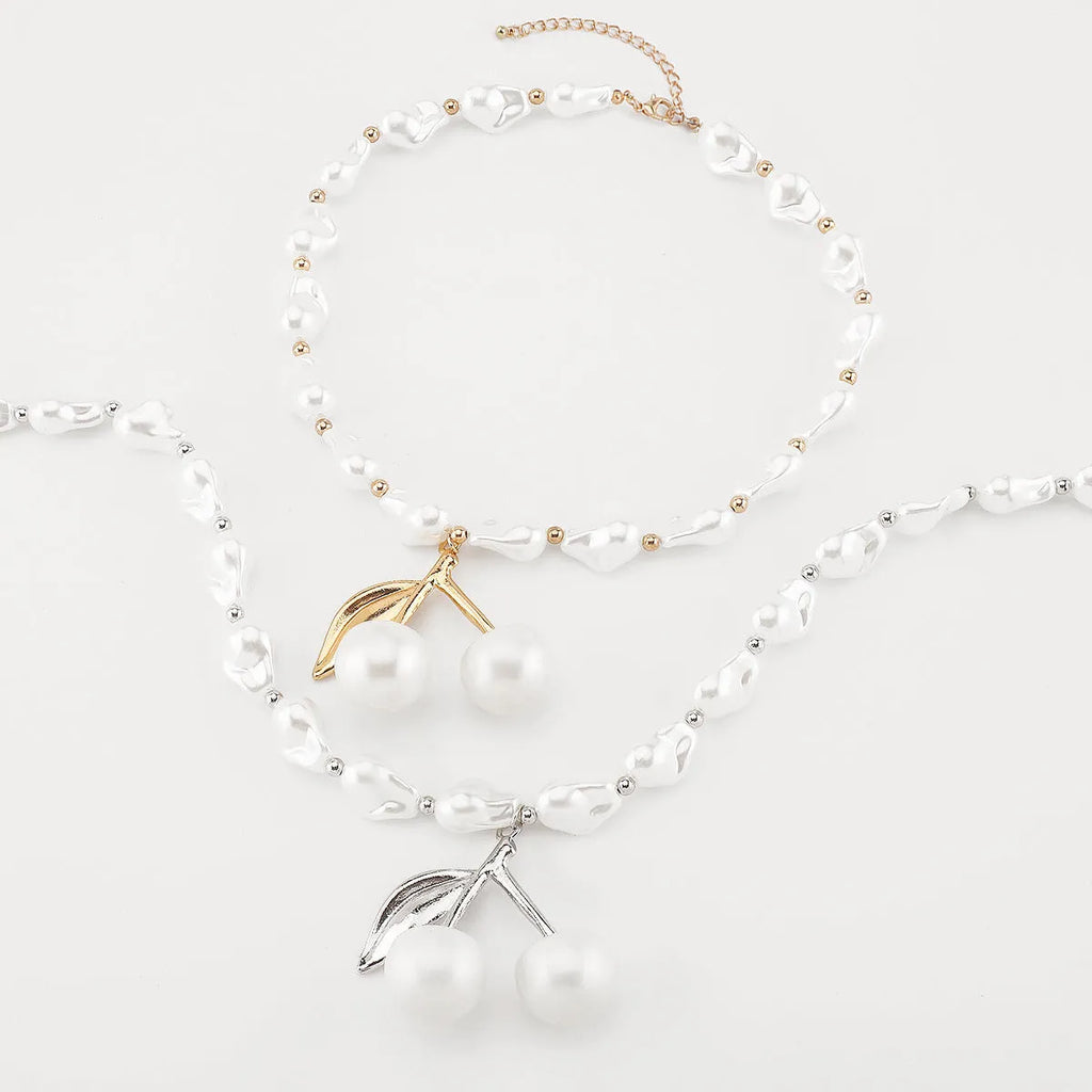 Creative cherry fruit necklace with irregular pearl chain in gold or white K colour, adjustable 51-60cm length