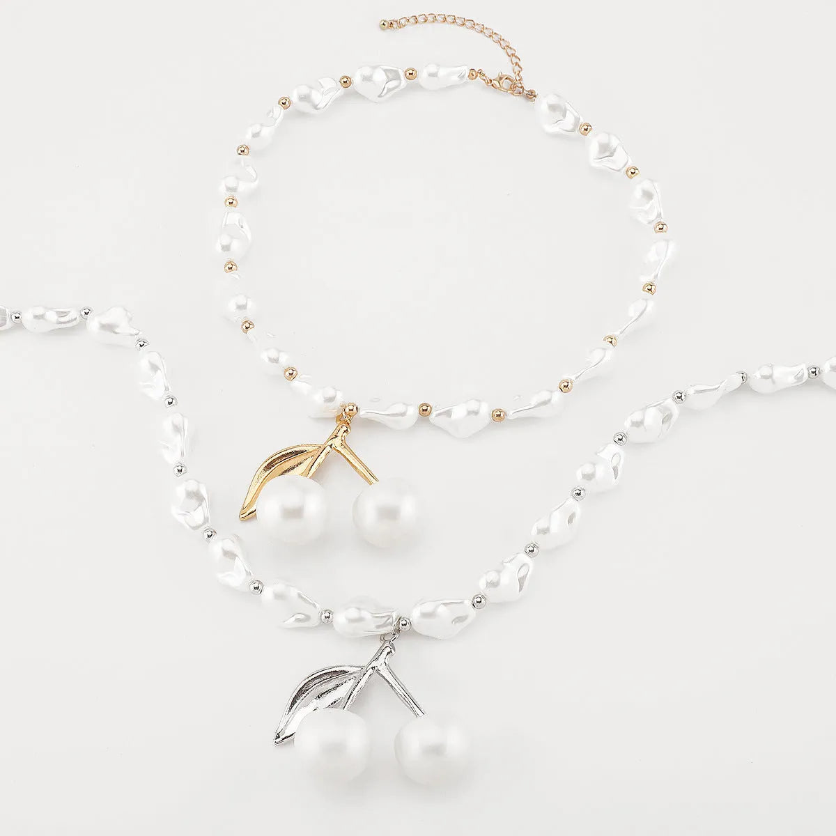 Creative cherry fruit necklace with irregular pearl chain in gold or white K colour, adjustable 51-60cm length