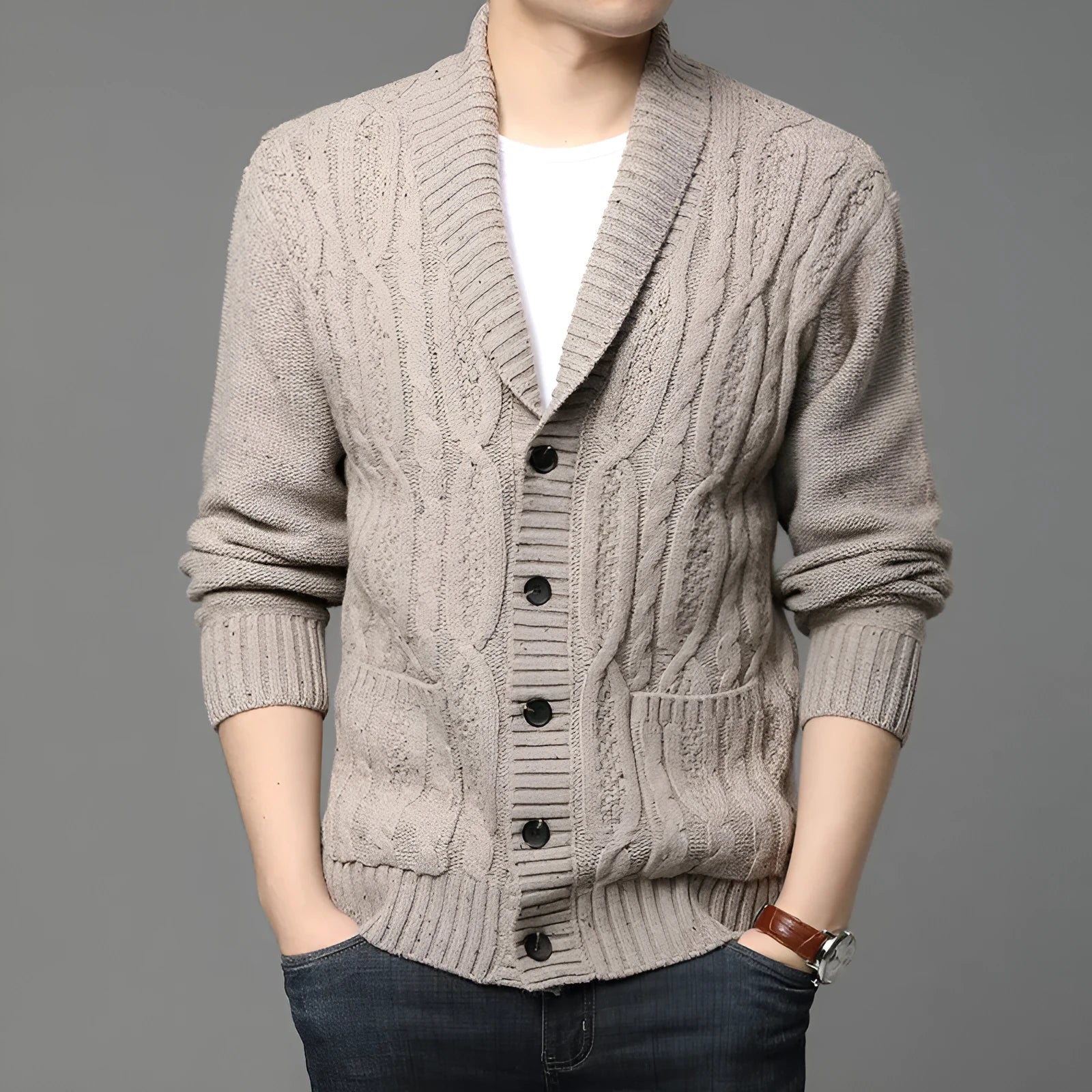 Men's knitted cardigan in jacquard pattern, shown in a neutral colour with a straight cut and open front.