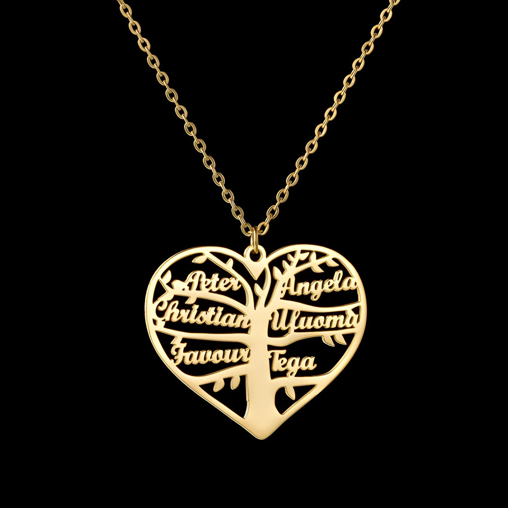 Women's custom name necklace with stainless steel heart and tree pendant on a chain.