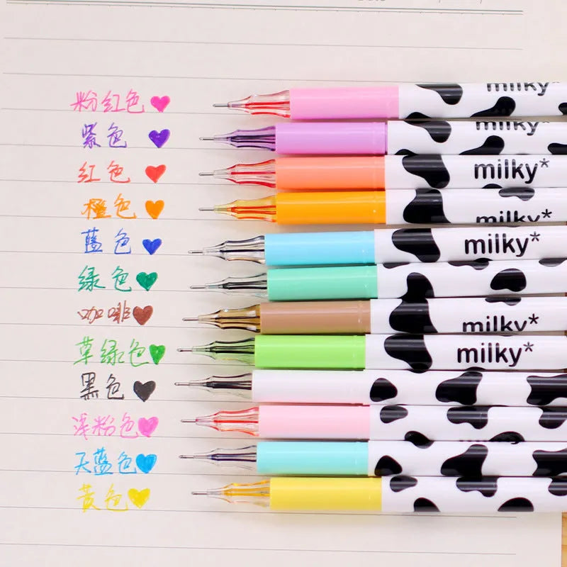 Cow colour gel pen set showing 12 pens with plastic barrels and 0.38mm tips