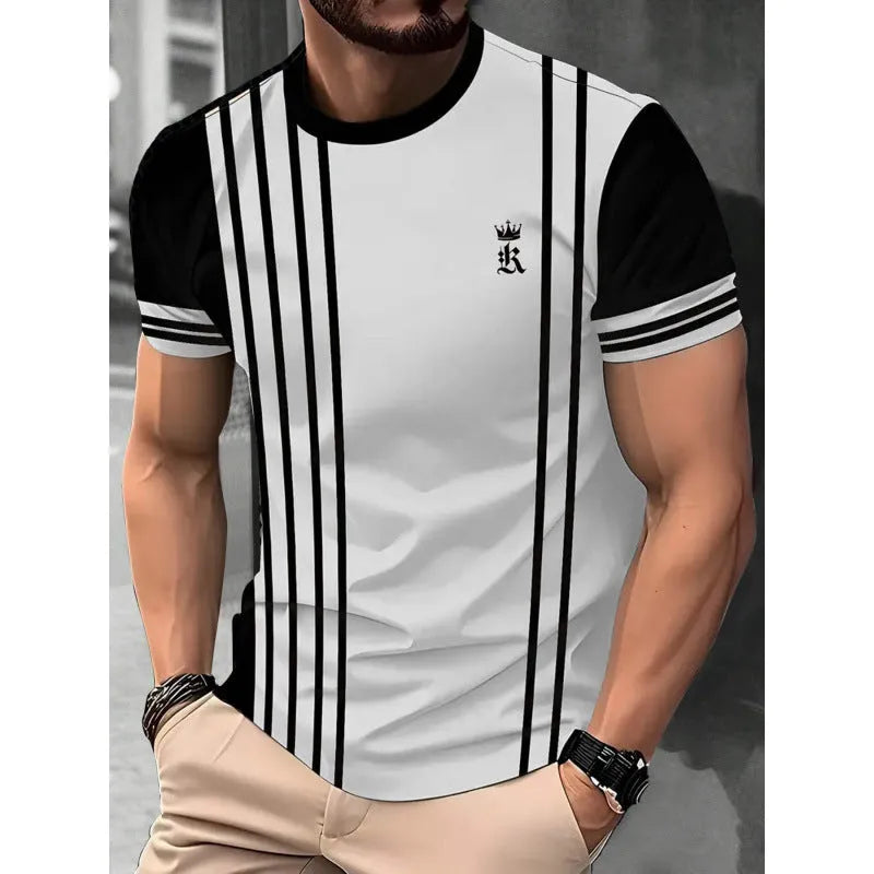 Man wearing a loose-fit short sleeve t-shirt with a raised digital 3D printed stripe pattern in blue.