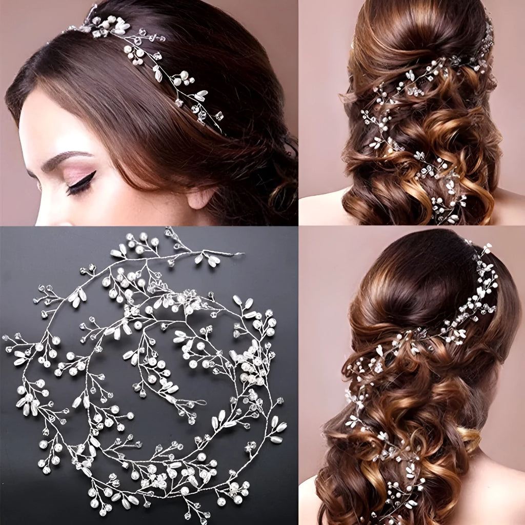 Gold crystal and pearl wedding hair band made with colour-preserving wire, shown at 50cm length.