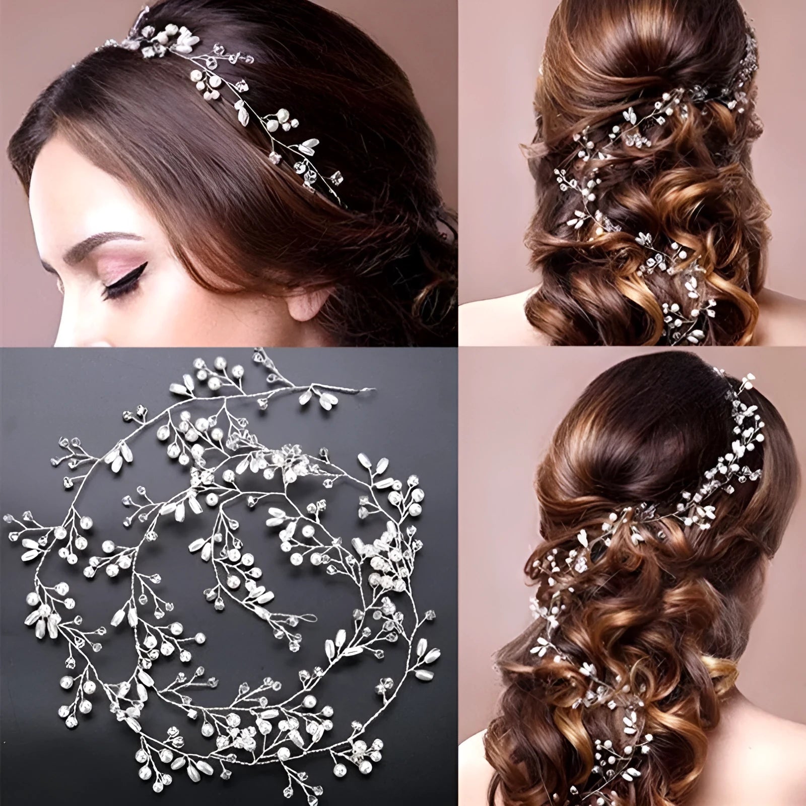 Gold crystal and pearl wedding hair band made with colour-preserving wire, shown at 50cm length.