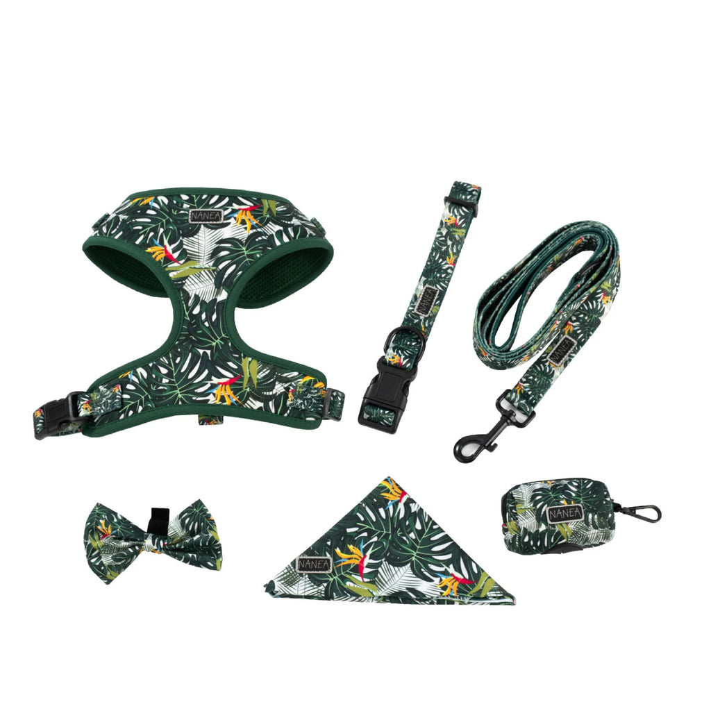 Adjustable cloth pet vest harness set with haulage rope, collar, waste bag, bow tie, and triangular scarf in six-piece package.