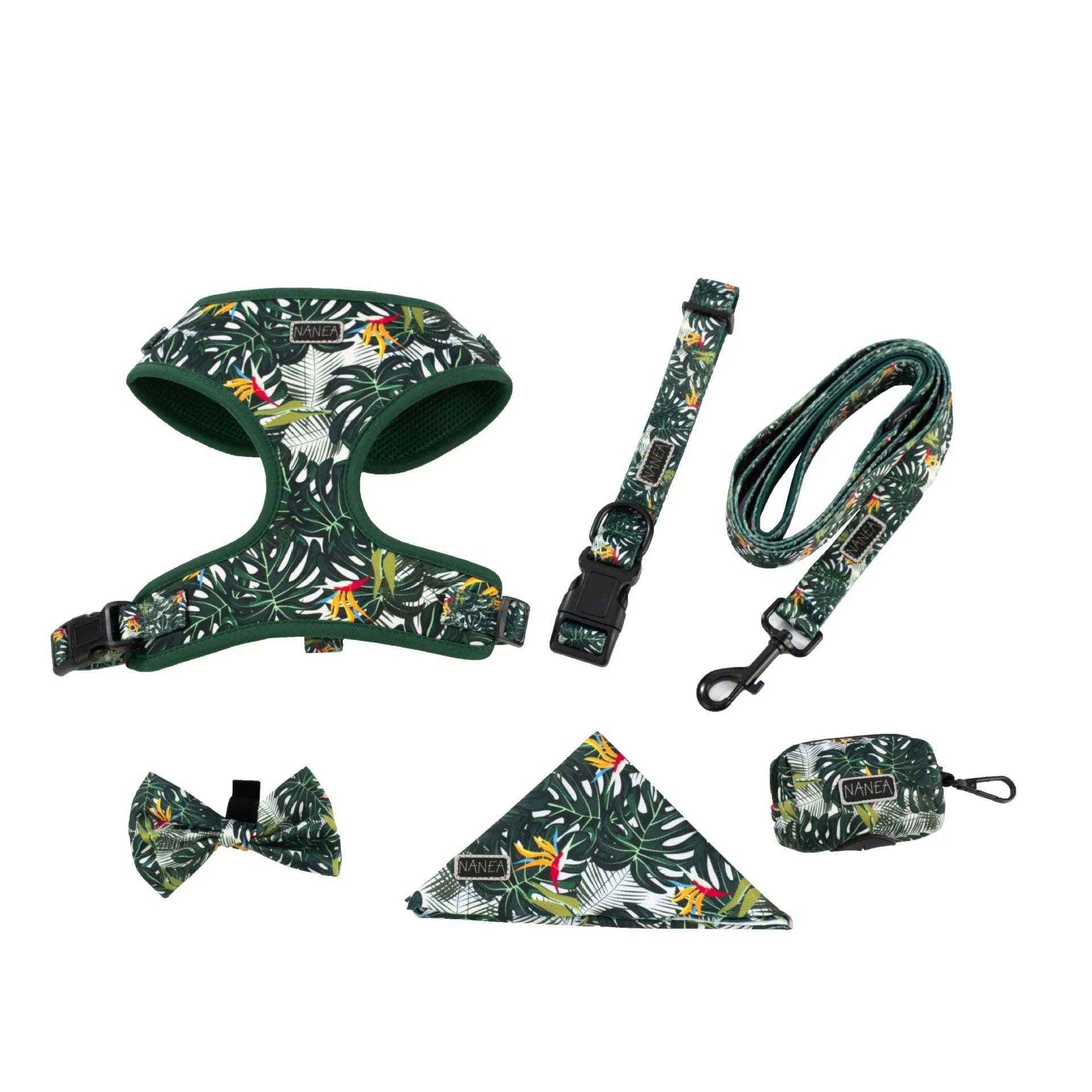 Adjustable cloth pet vest harness set with haulage rope, collar, waste bag, bow tie, and triangular scarf in six-piece package.