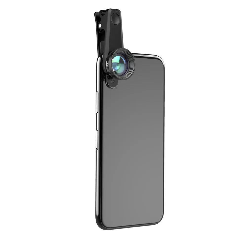 Black 6-in-1 smartphone camera lens kit with fisheye, wide-angle, telephoto, macro, CPL, and star filters on a universal clip.