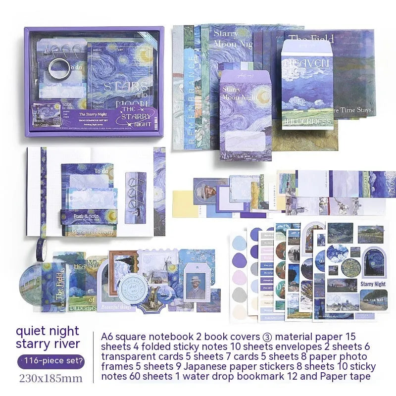A6 creative journal gift box with grid notebook, paper sheets, cards, envelopes, and decorative stationery accessories