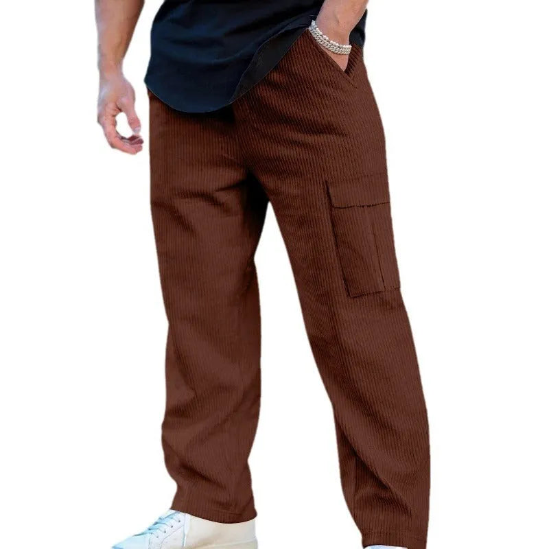 Men's corduroy cargo trousers in straight-leg design with drawstring waist available in multiple colours