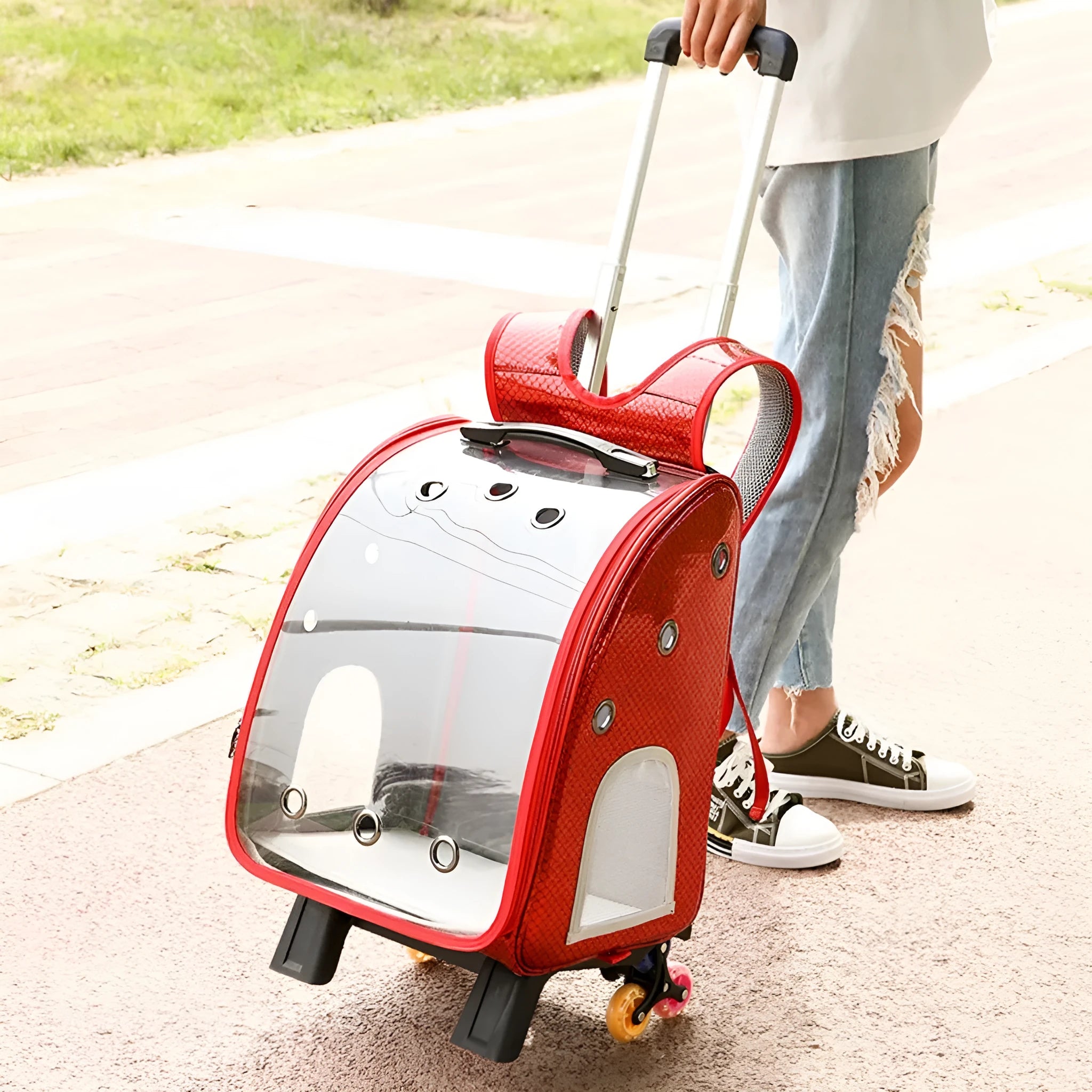 Transparent pet trolley bag for small dogs with foldable shoulder design and Oxford cloth construction
