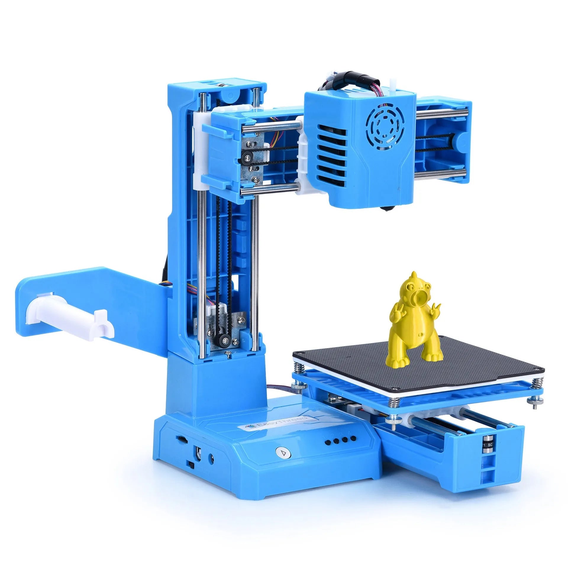 K9 New Mini desktop 3D printer in black or blue colour on a workspace.