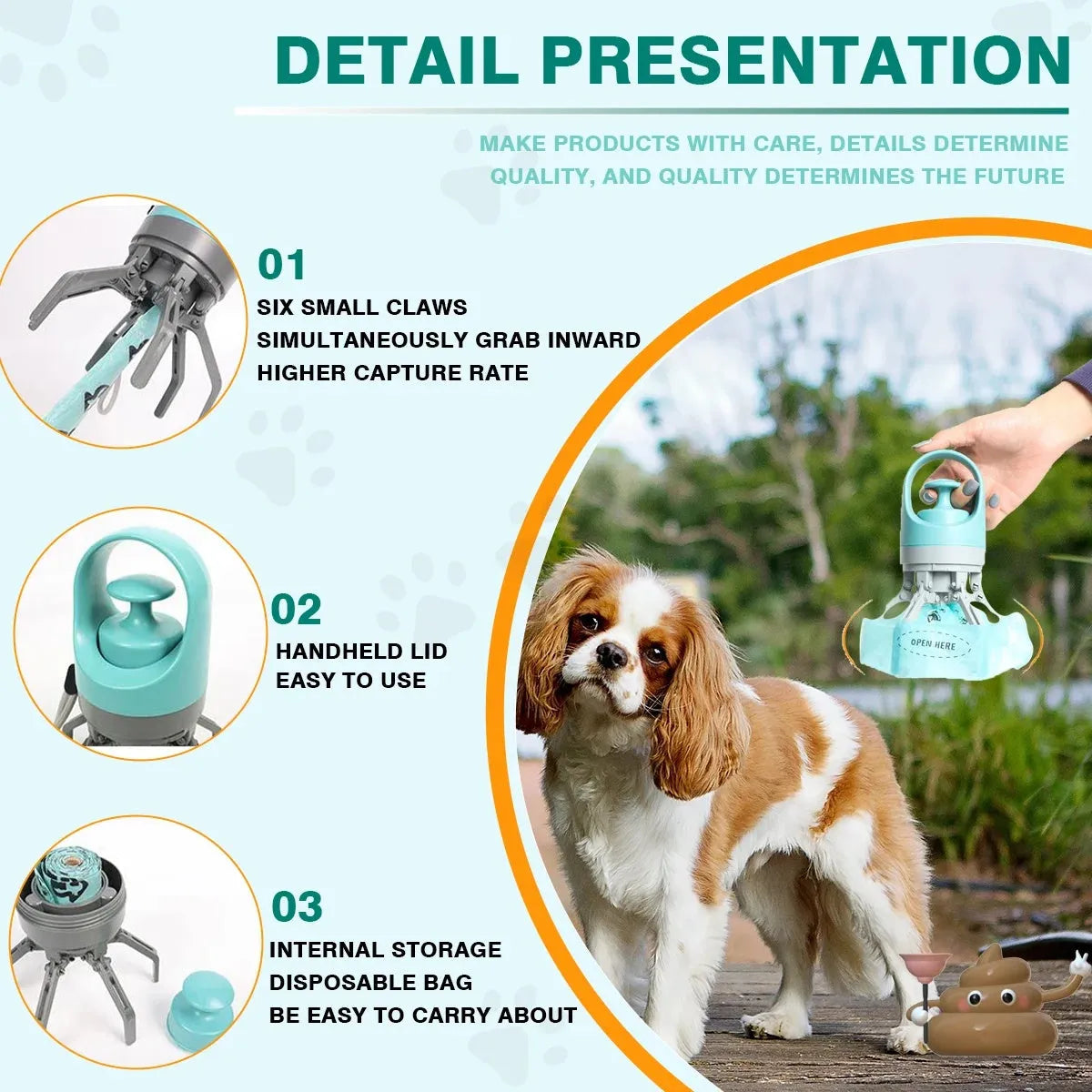 Blue and orange ABS plastic pet pooper scooper with claw design and integrated bag dispenser