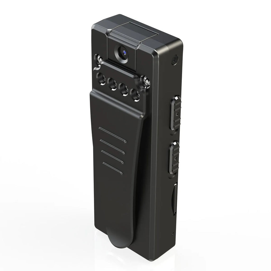 Black 1080p HD DV home camera with 90‑degree rotation on a flat surface.