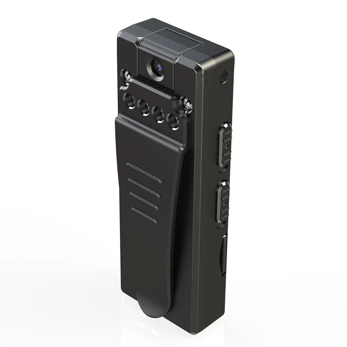Black 1080p HD DV home camera with 90‑degree rotation on a flat surface.