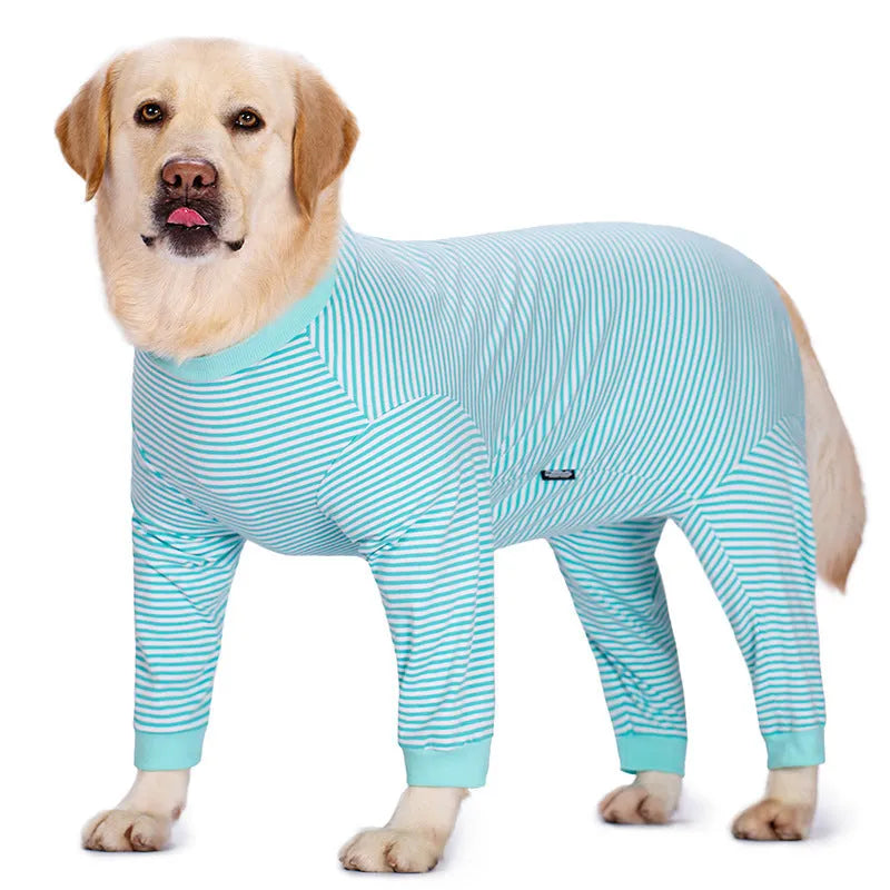 Striped four-legged dog shirt on a large breed dog, shown in sky blue, black dark blue stripe, or brown.
