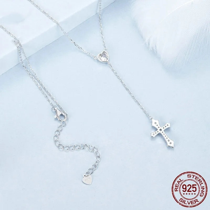 Silver love cross pendant necklace on O-ring chain for women, colour BSN384.