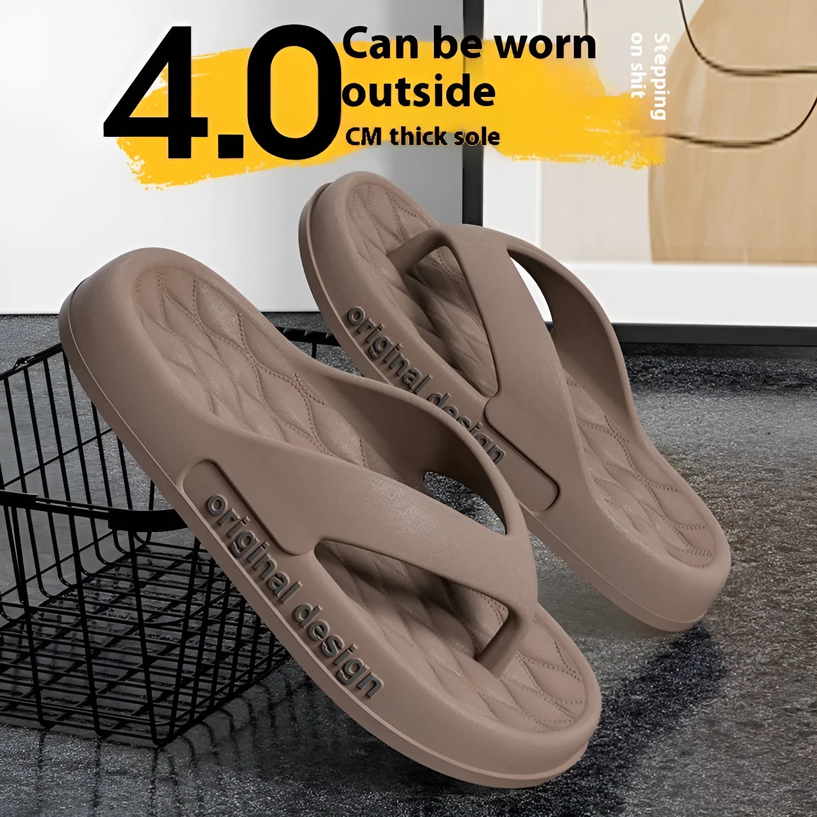 Men's EVA flip flops in multiple colours on a sandy beach background.