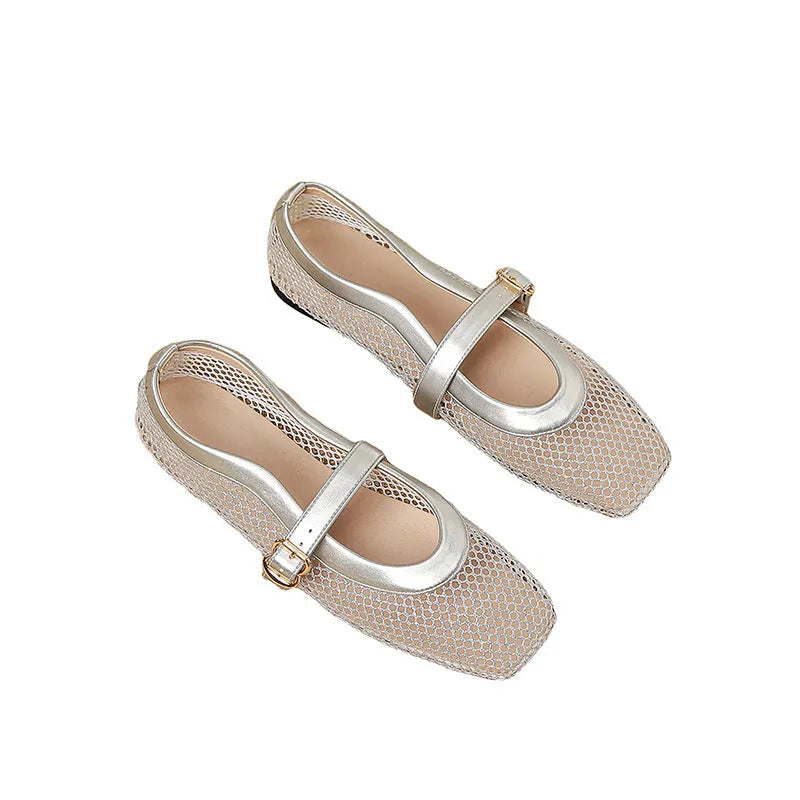 Women's black mesh summer shoes with square toe, low heel, and buckle fastening