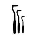 Set of three coloured tick hook removers for dogs on a white background.