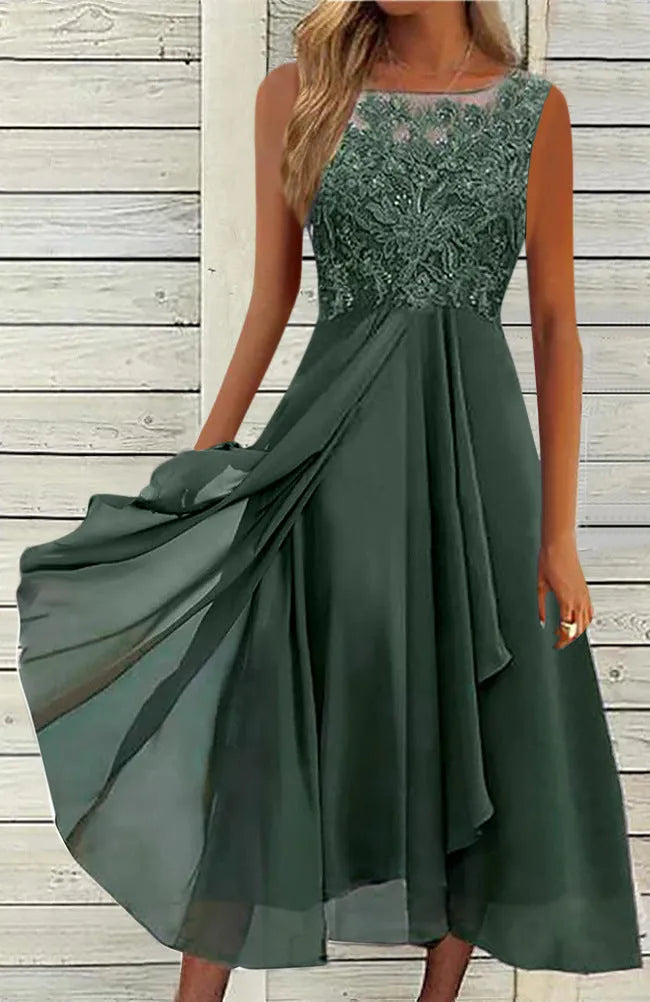 Women's sleeveless chiffon dress with lace stitching in green, purple or blue colours