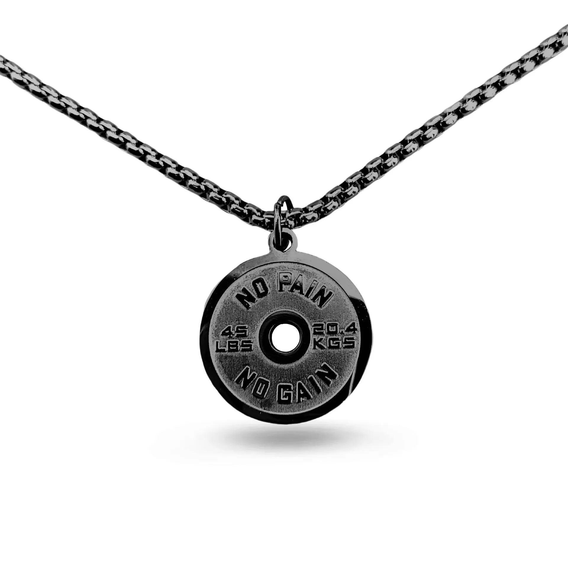 Polished stainless steel barbell disk necklace with geometric pendant on 60cm chain