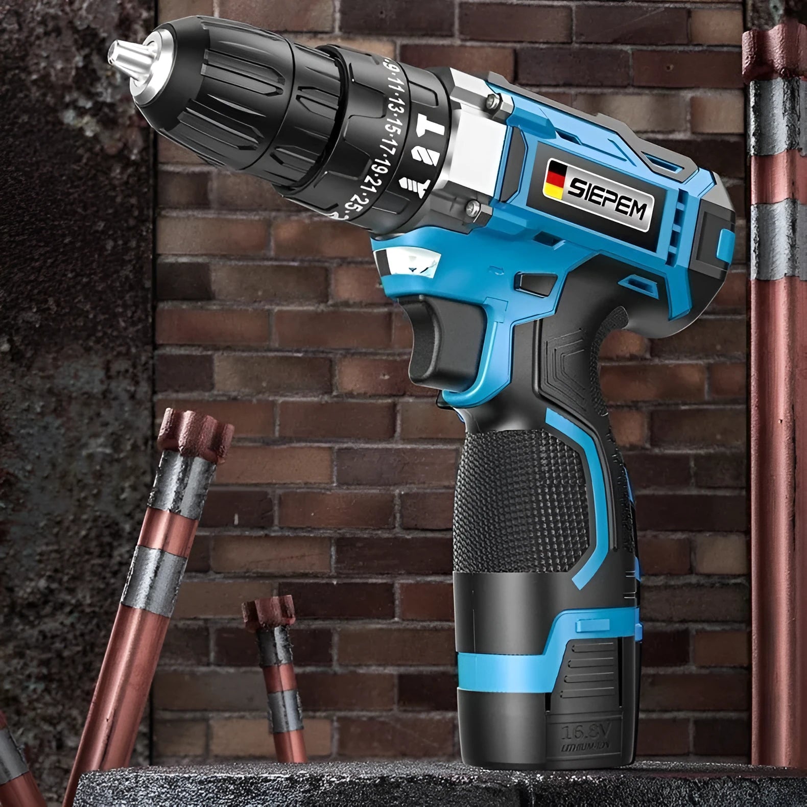 12V dual-speed pistol grip impact drill and electric screwdriver set in a plastic storage case.