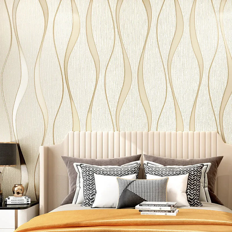 Roll of curve stripe patterned 3D wallpaper in dark brown deerskin velvet texture for video wall backgrounds.