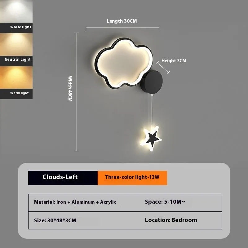 A white cloud-themed children's wall lamp with a left-facing orientation and LED light mounted on a bedroom wall.