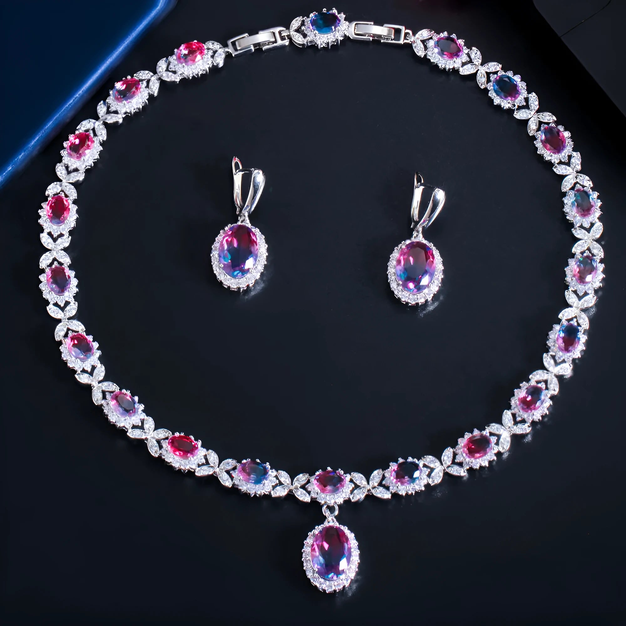 Women's copper inlaid zircon earrings and necklace set with gradient stones