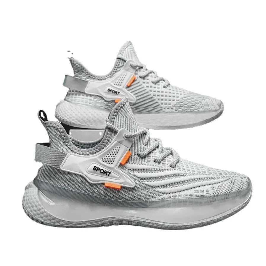 Men's white mesh platform sneakers with flat rubber sole and front lace-up closure