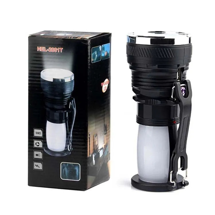 Black solar-powered LED flashlight with USB charging port on a durable ABS plastic body.