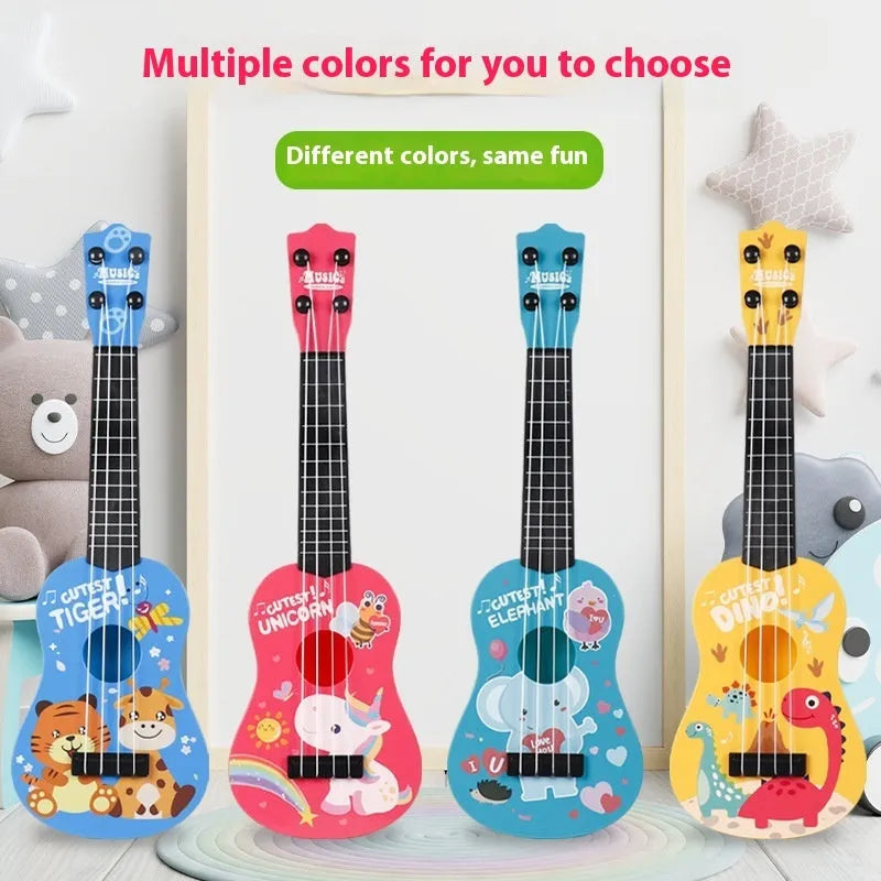 Children's plastic ukulele toy in animal designs, small size, on white background