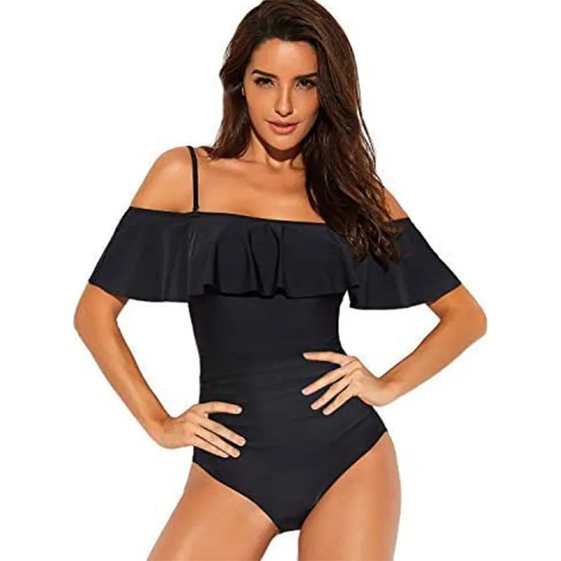 Black one-piece swimsuit with ruffled tube top straps and side cut-out details