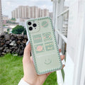 Green TPU iPhone case with polka dot frame and smiley face design on the back.