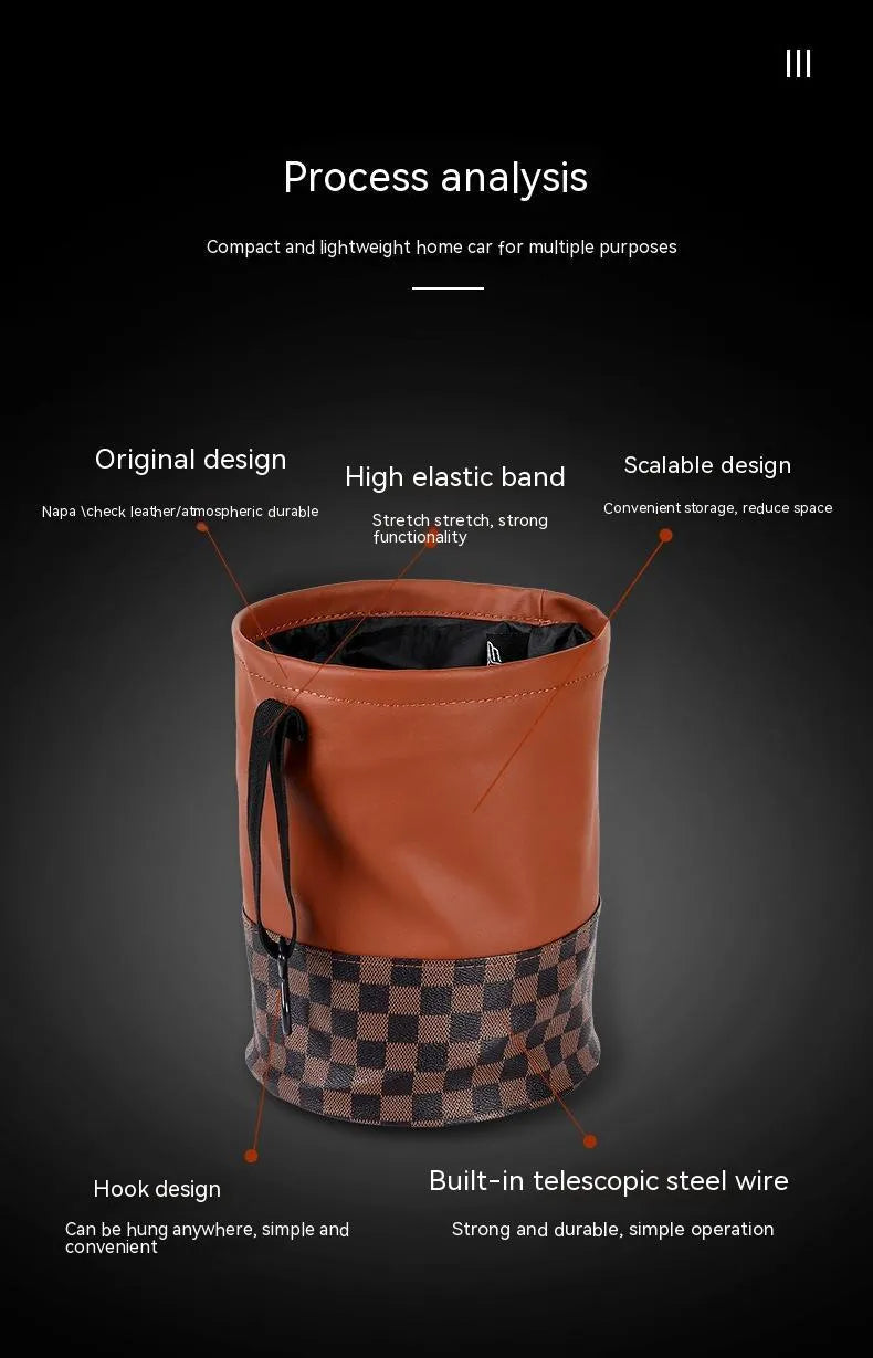 Retractable leather car interior trash can showing folded and extended positions
