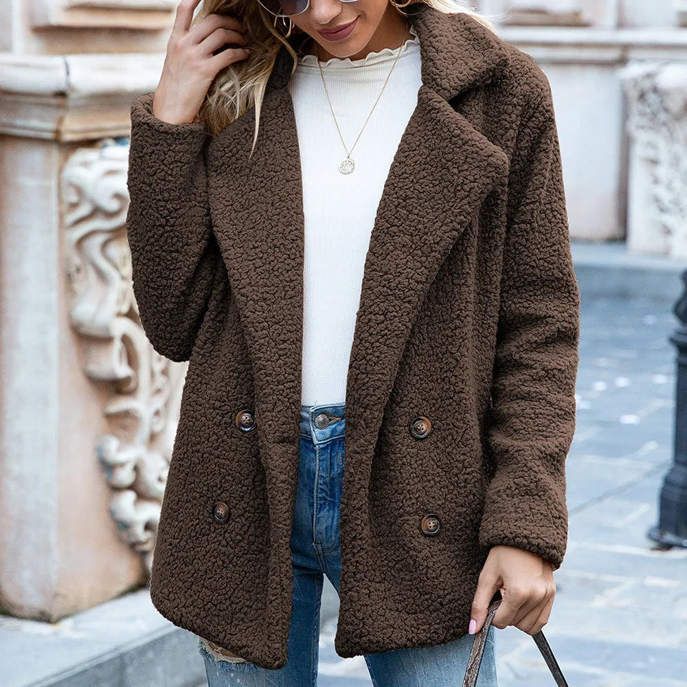 A loose lapel fluffy button coat for women in a choice of twelve colours, shown on a size chart.