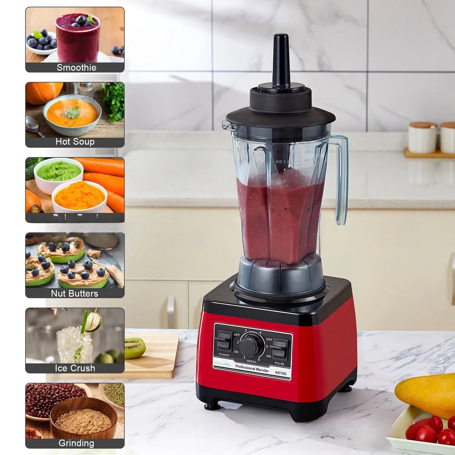 Red A8700 commercial blender with 2-litre jug and 2200W motor on a countertop.