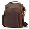 Men's brown Crazy Horse leather crossbody bag with sewing line details and crossbody strap