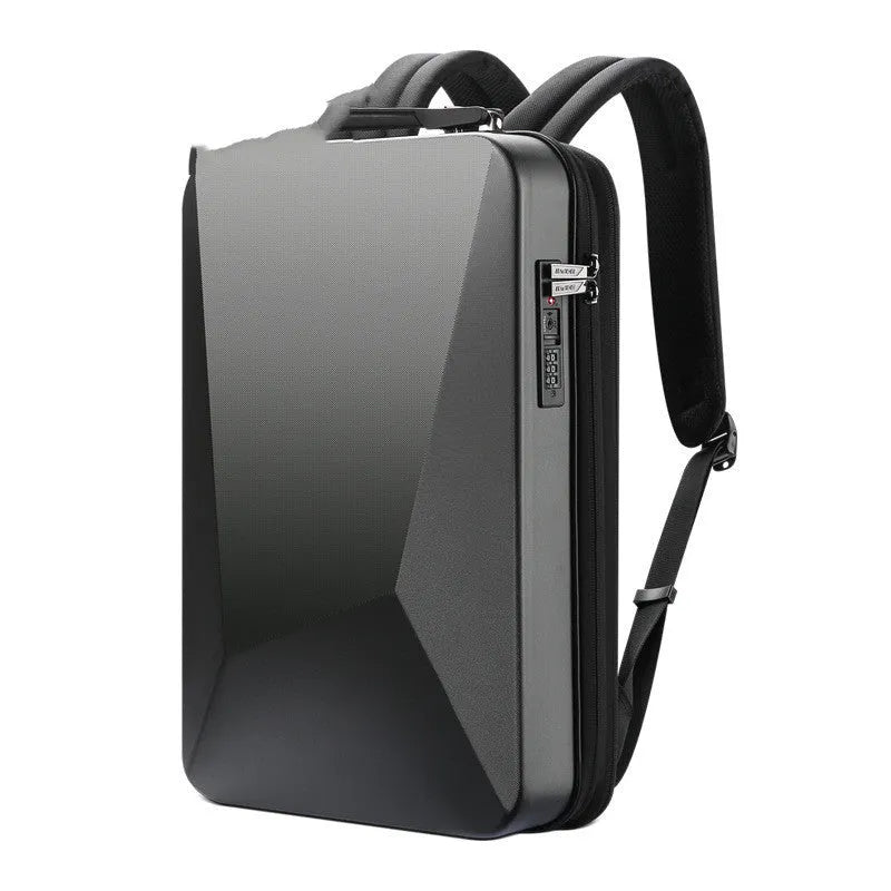 Hard-shell PC gaming backpack with lock showing internal organisation compartments and double shoulder straps