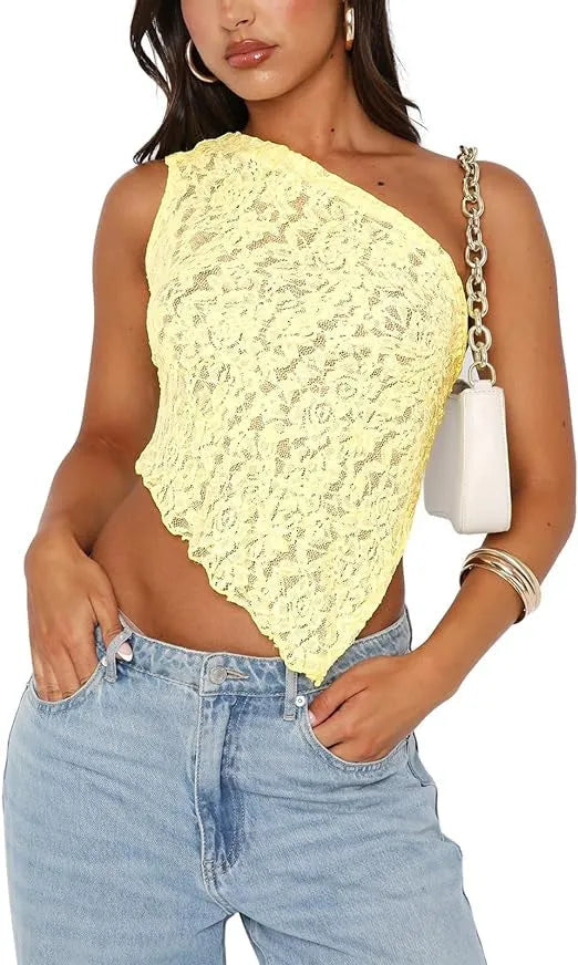 Women's lace backless sleeveless vest with asymmetrical sloped neck in solid colour Polyester fabric