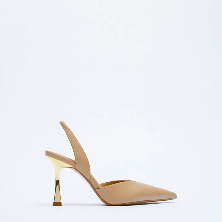 Korean style pointed high heels in patent leather with shallow mouth design in apricot colour