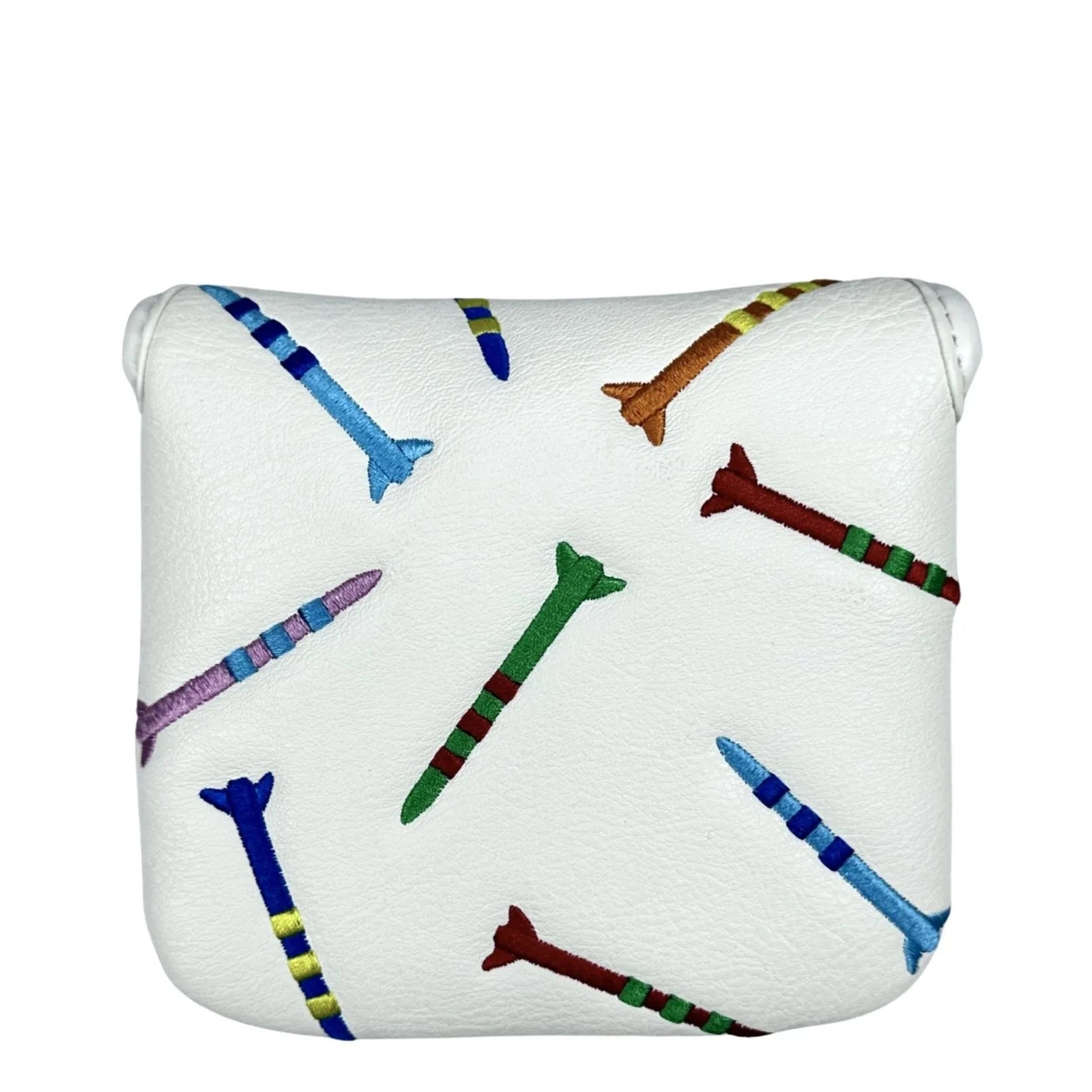 Black and white golf putter protective sleeve with Rocket pattern design for square putter heads