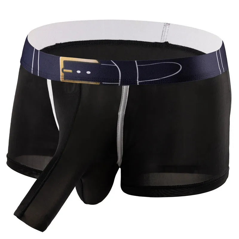 A pair of solid colour men's ice silk boxers laid flat, showing the mid waistband design.