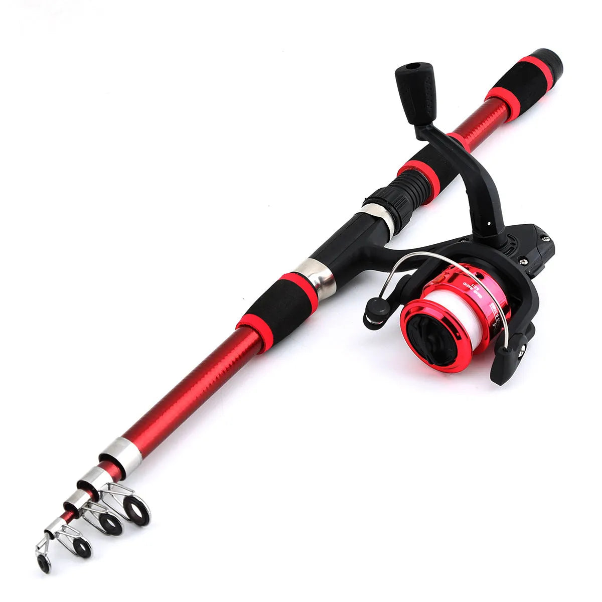 Children's fishing rod with integrated pole and wheel in blue, green, red or yellow colours