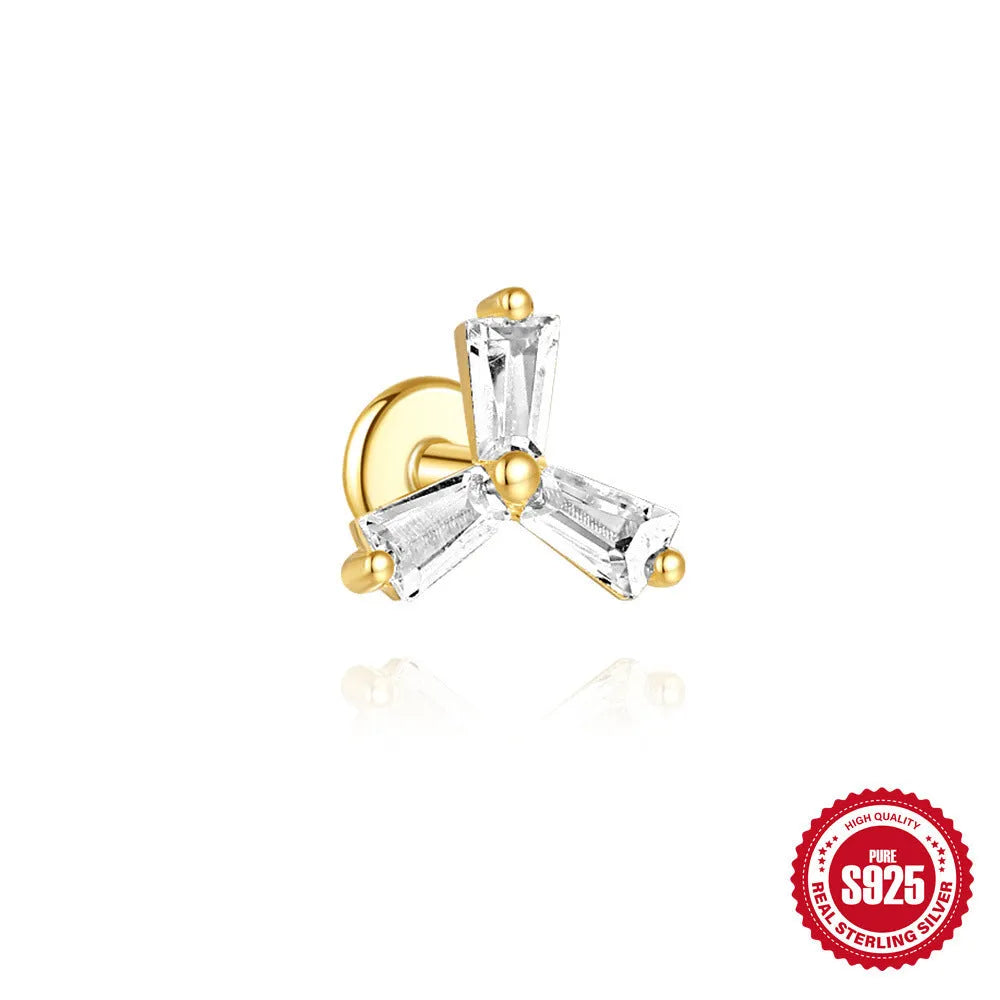 S925 sterling silver double ear piercings stud earrings with zircon inlaid chain in golden geometric designs