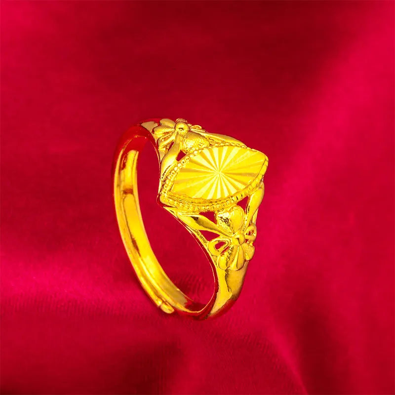 Gold electroplated brass ring with open diamond flower geometric pattern for women