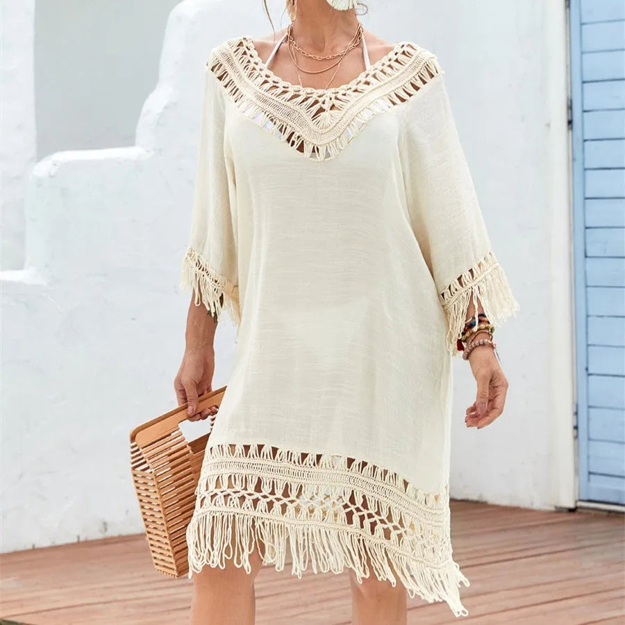 Apricot crocheted patchwork midi dress with half sleeves for summer beach or street wear