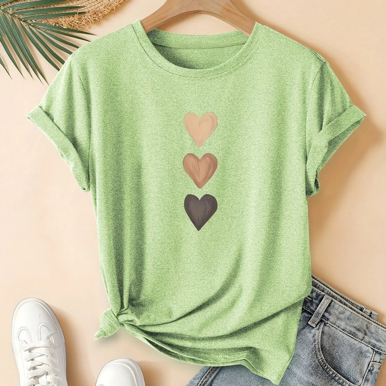 Women's pure cotton short sleeve t-shirt with a printed three-heart pattern in a Chinese retro style, shown in blue.